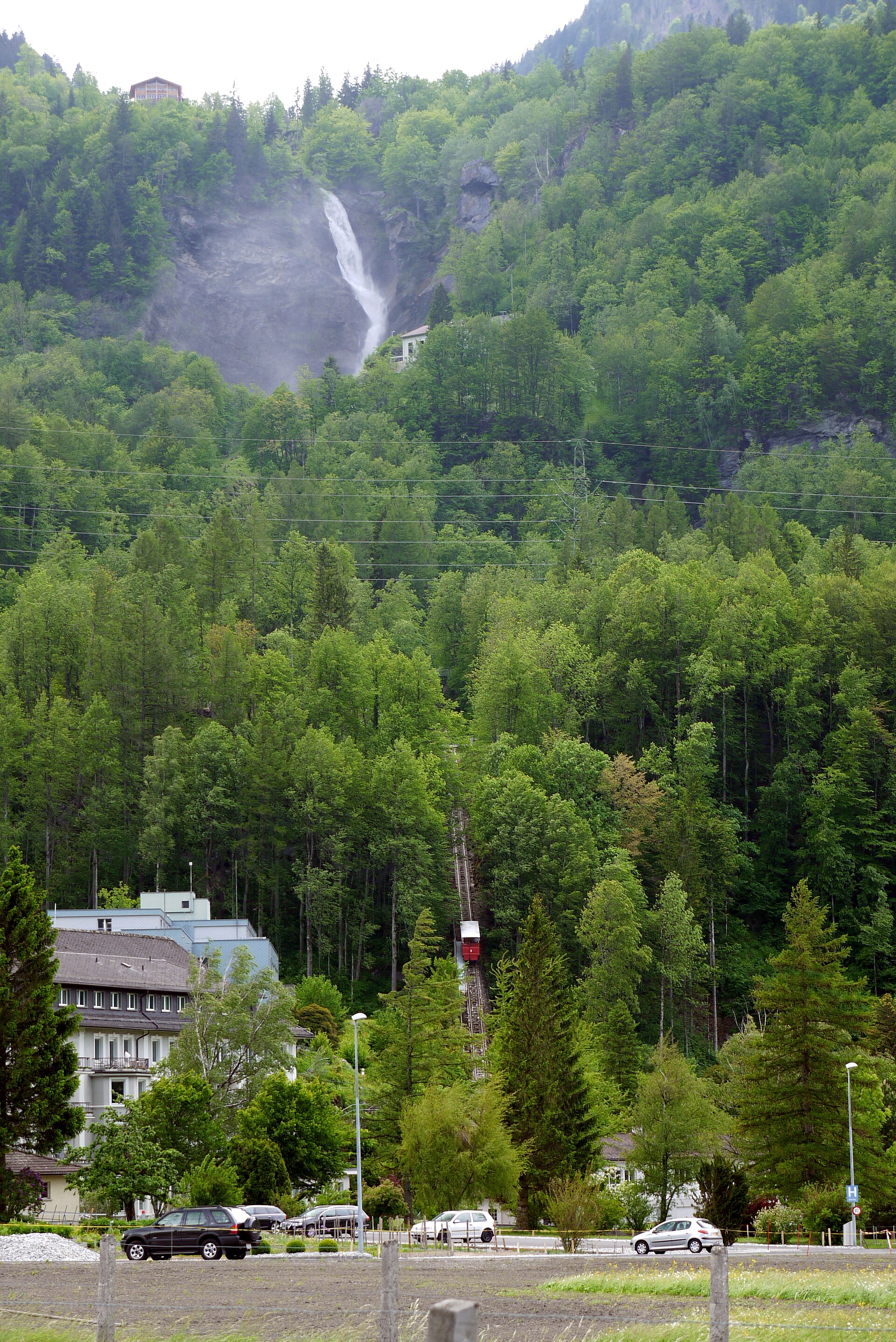 The falls and funicular above the roofs of the Meiringen valley