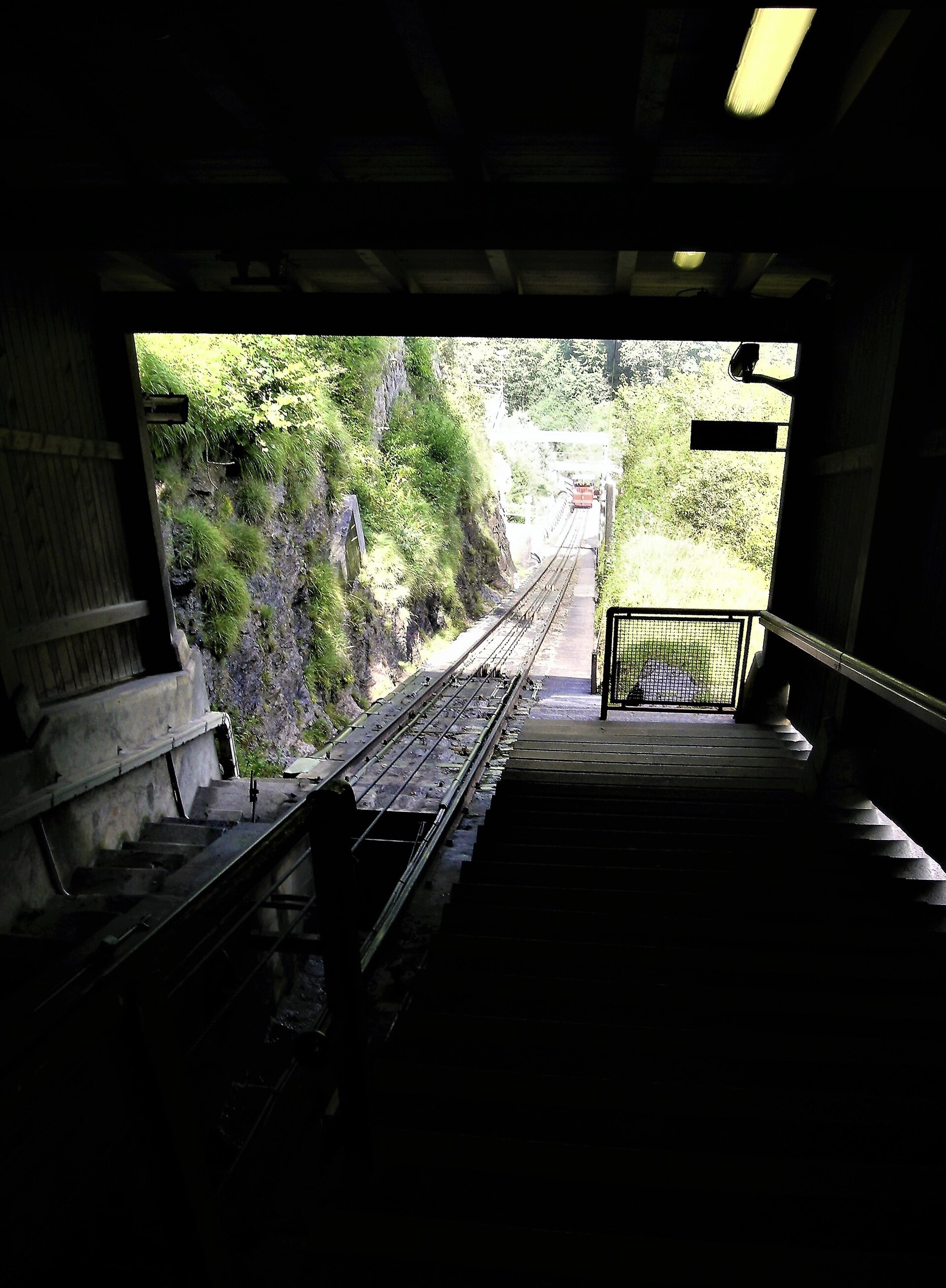 Inside the red carriage of the Reichenbach funicular