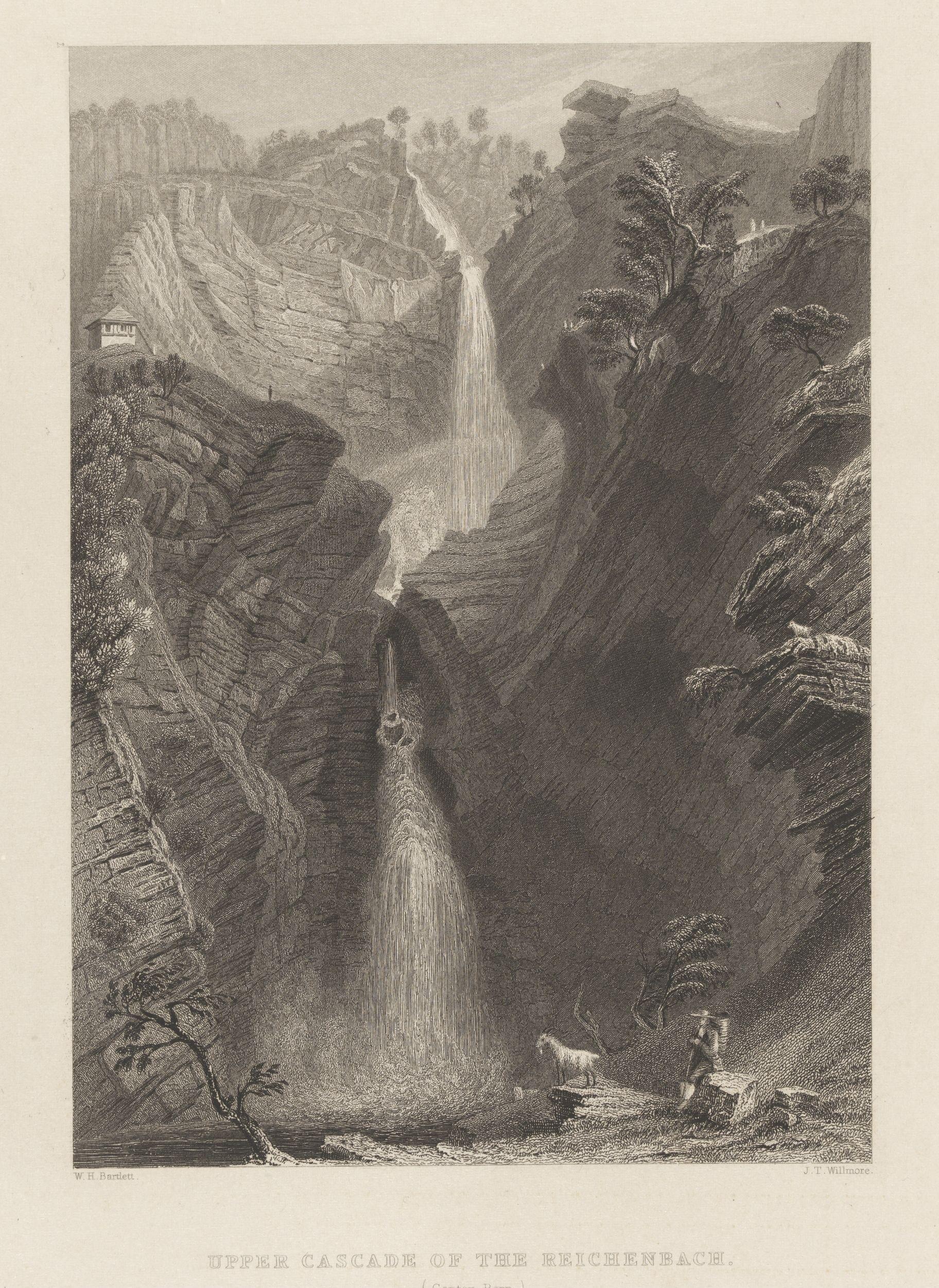1836 engraving of the upper cascade of the Reichenbach by William Henry Bartlett